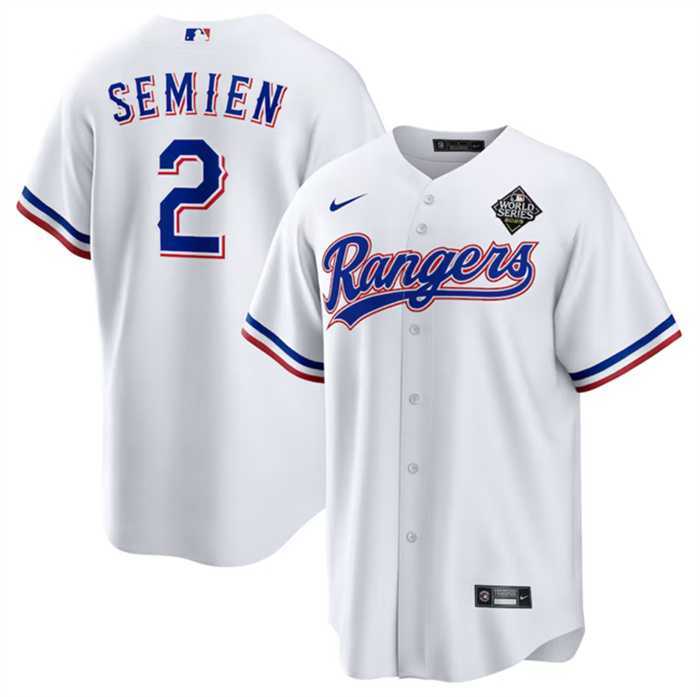 Mens Texas Rangers #2 Marcus Semien 2023 White World Series Stitched Baseball Jersey Dzhi